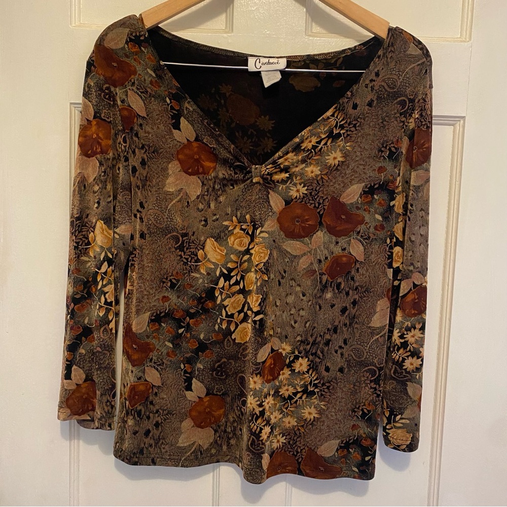 Carducci Autumn Floral V-Neck Blouse - Brown and Gold